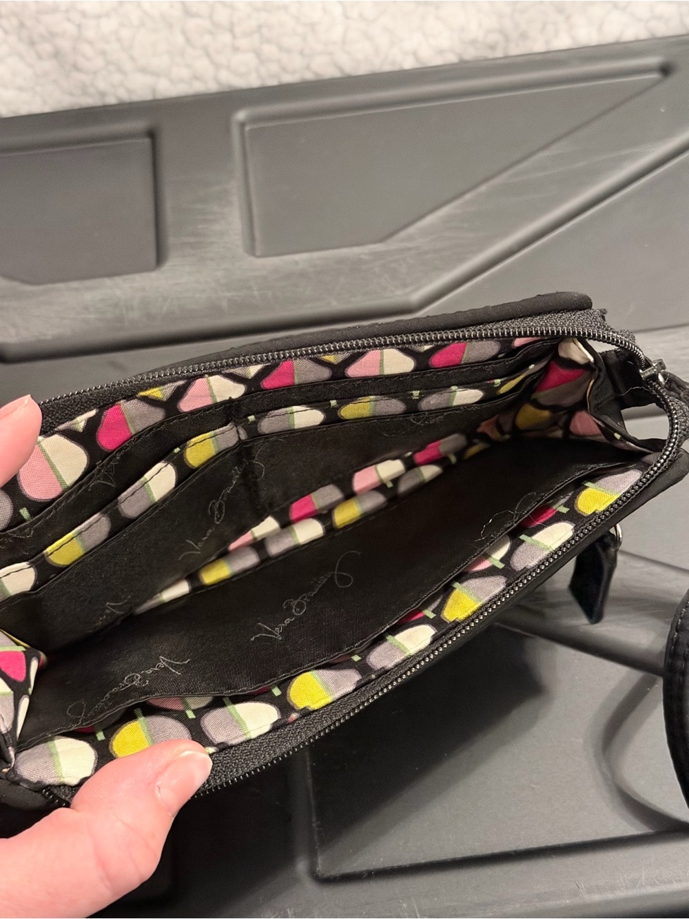 Vera Bradley Black Wristlet with Pink, Yellow & Gray Lining